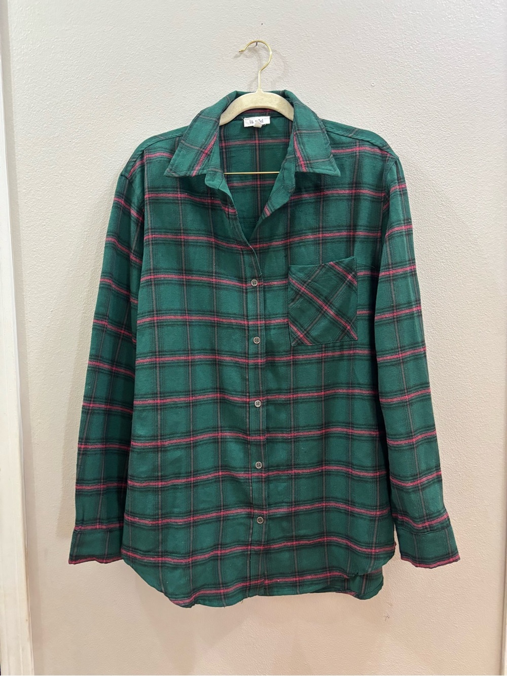 LA MIEL Green Plaid Button-Down Shirt with Pink Stripe